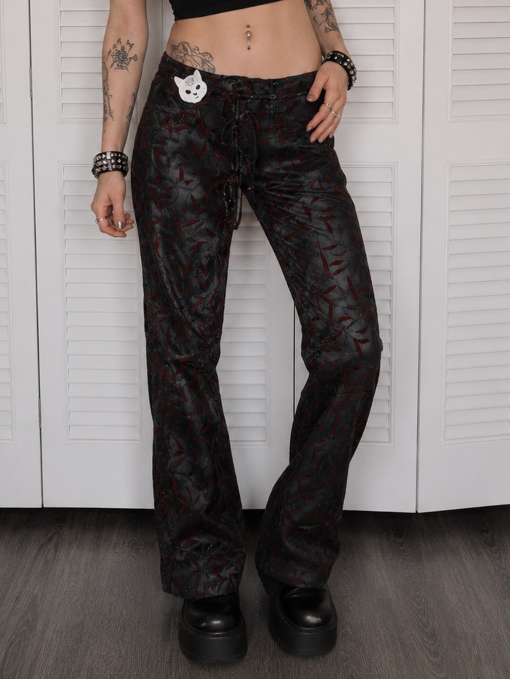 1980s Black Leather & Red Velvet Goth Patterned High Waisted Trousers